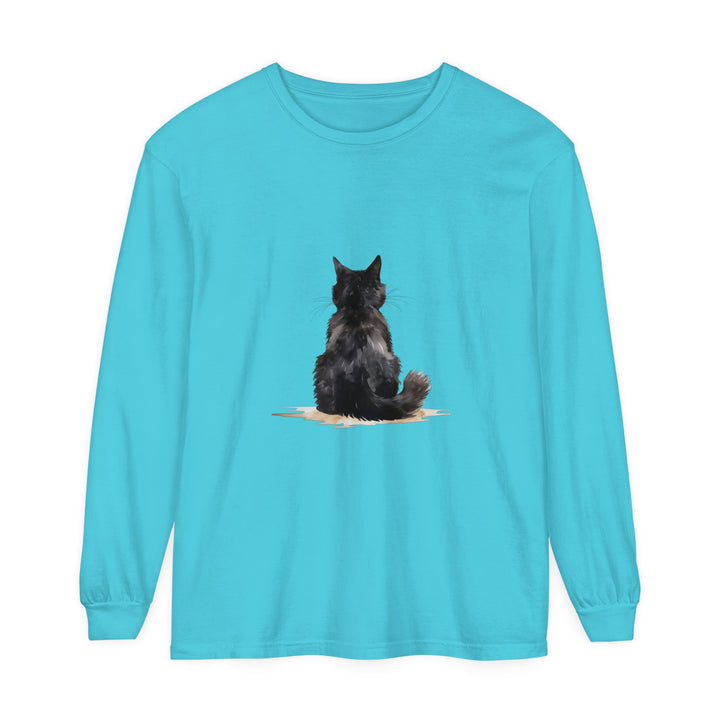 Black Cat Watercolor Unisex Long Sleeve T-Shirt - Comfortable and stylish top for all genders, featuring a vibrant watercolor design of a black cat on a long sleeve shirt