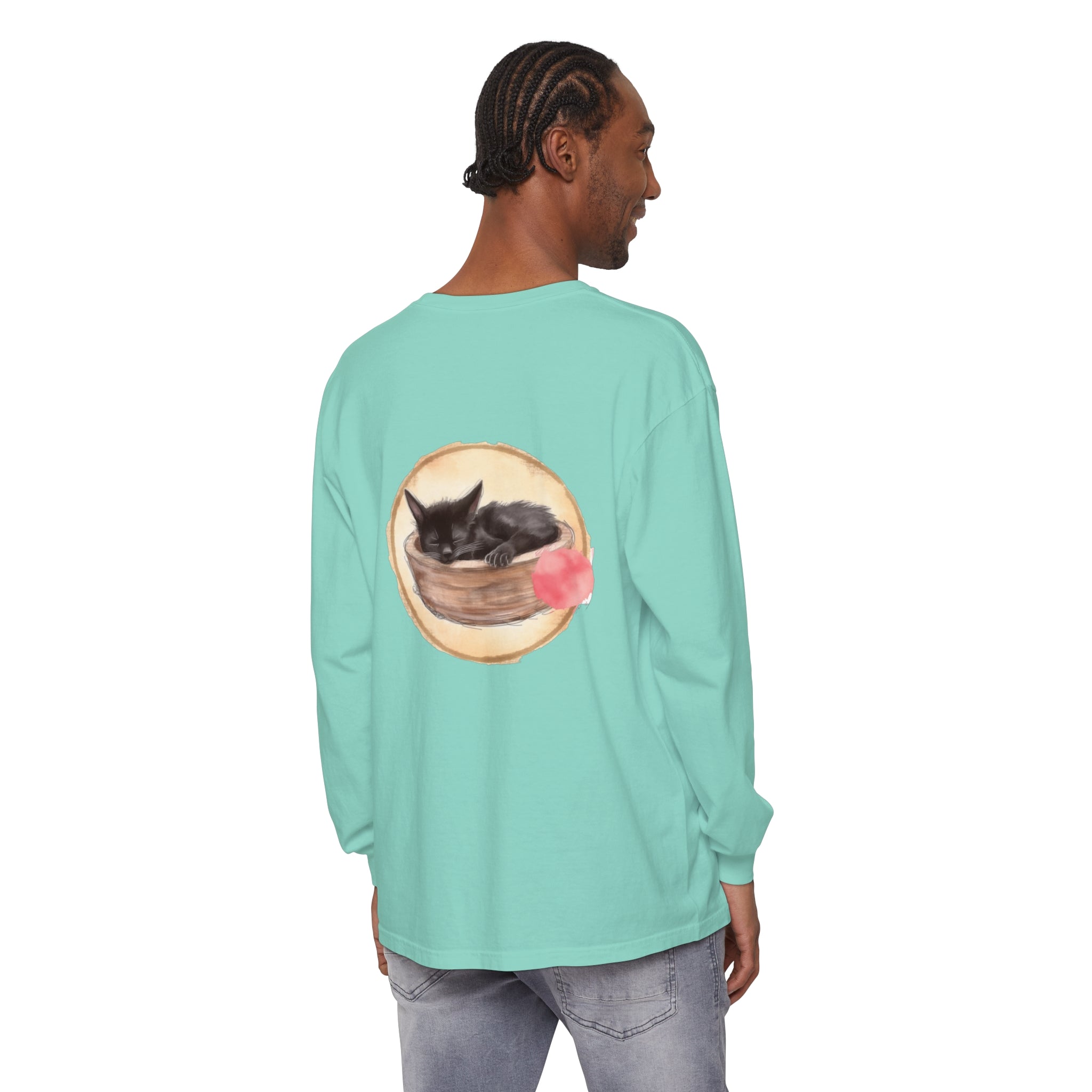 Adorable watercolor illustration of a sleeping cat in a bowl on a long sleeve t-shirt