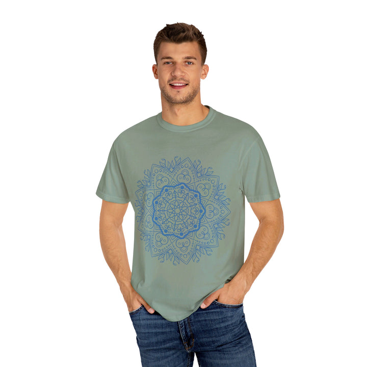 Close-up view of a garment-dyed unisex T-shirt featuring a handmade mandala design, created by hand