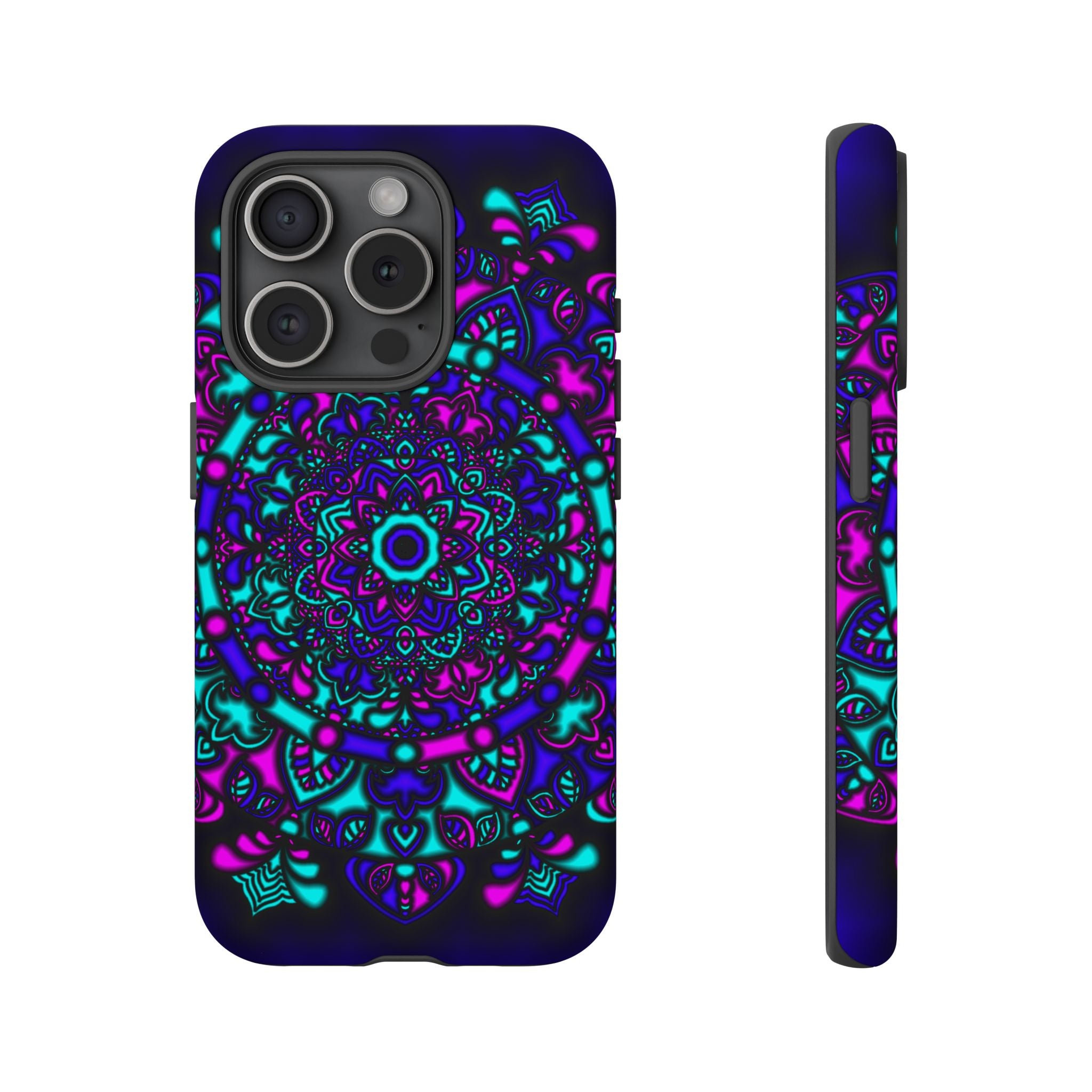 Mandala Neon Phone Case — Purple & Teal Protective Tough Case
