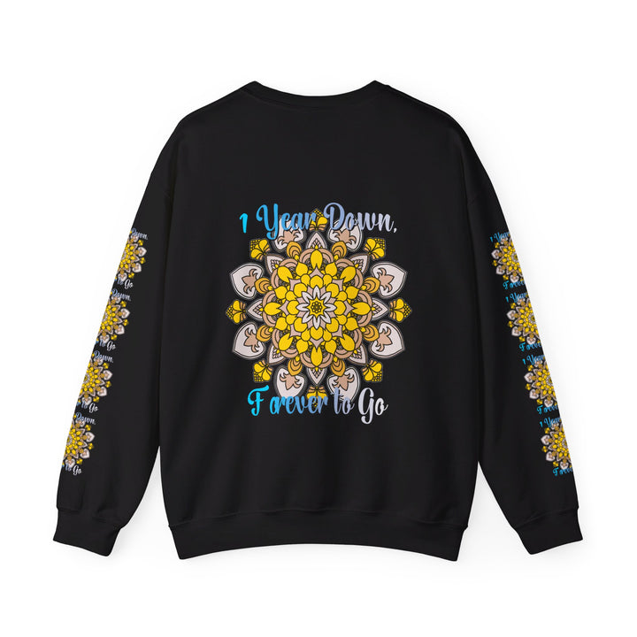 Close-up of the 1 Year Down, Forever to Go design on the Unisex Heavy Blend™ Crewneck Sweatshirt