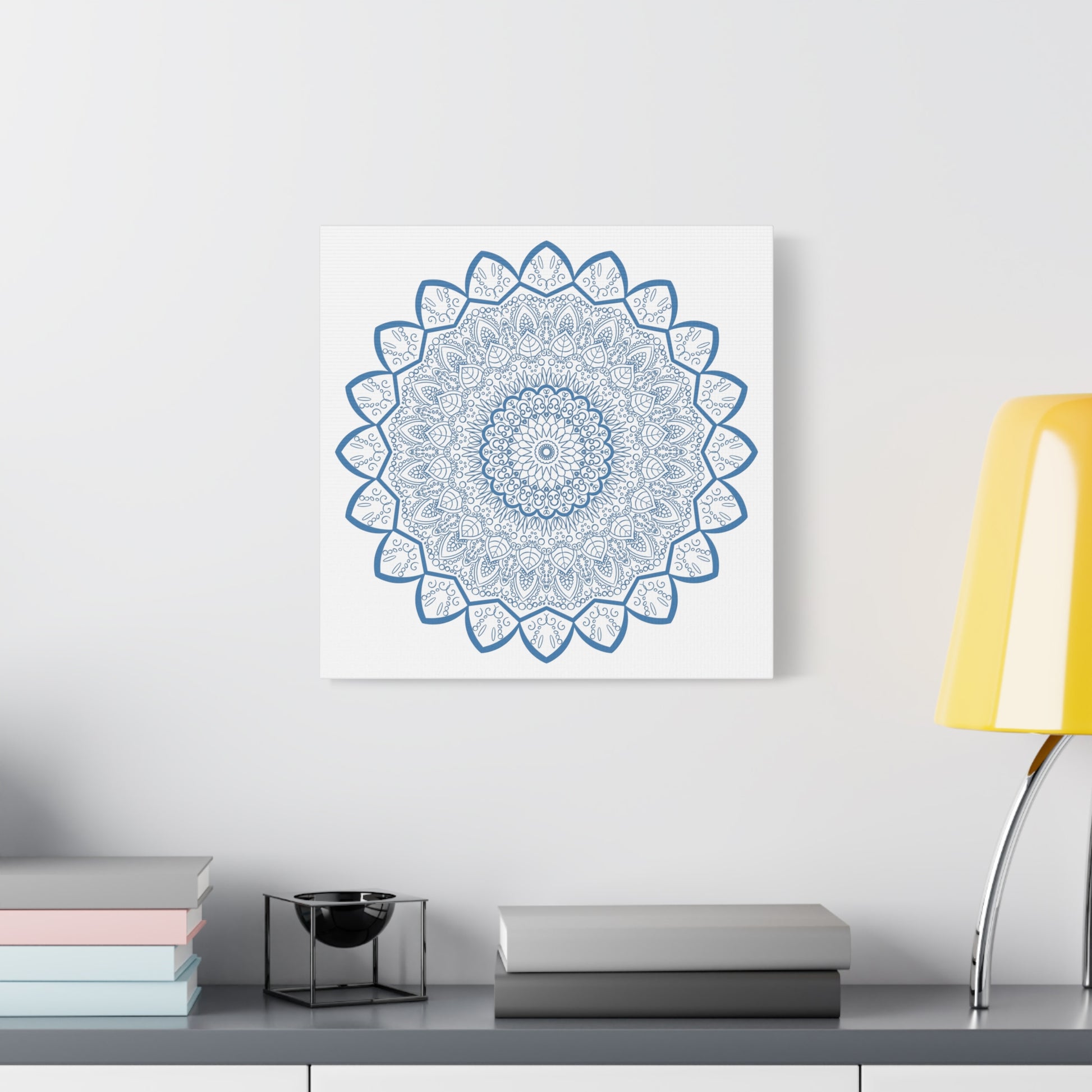 Handmade mandala design wall art in steel blue on matte canvas, stretched and 125 inches thick