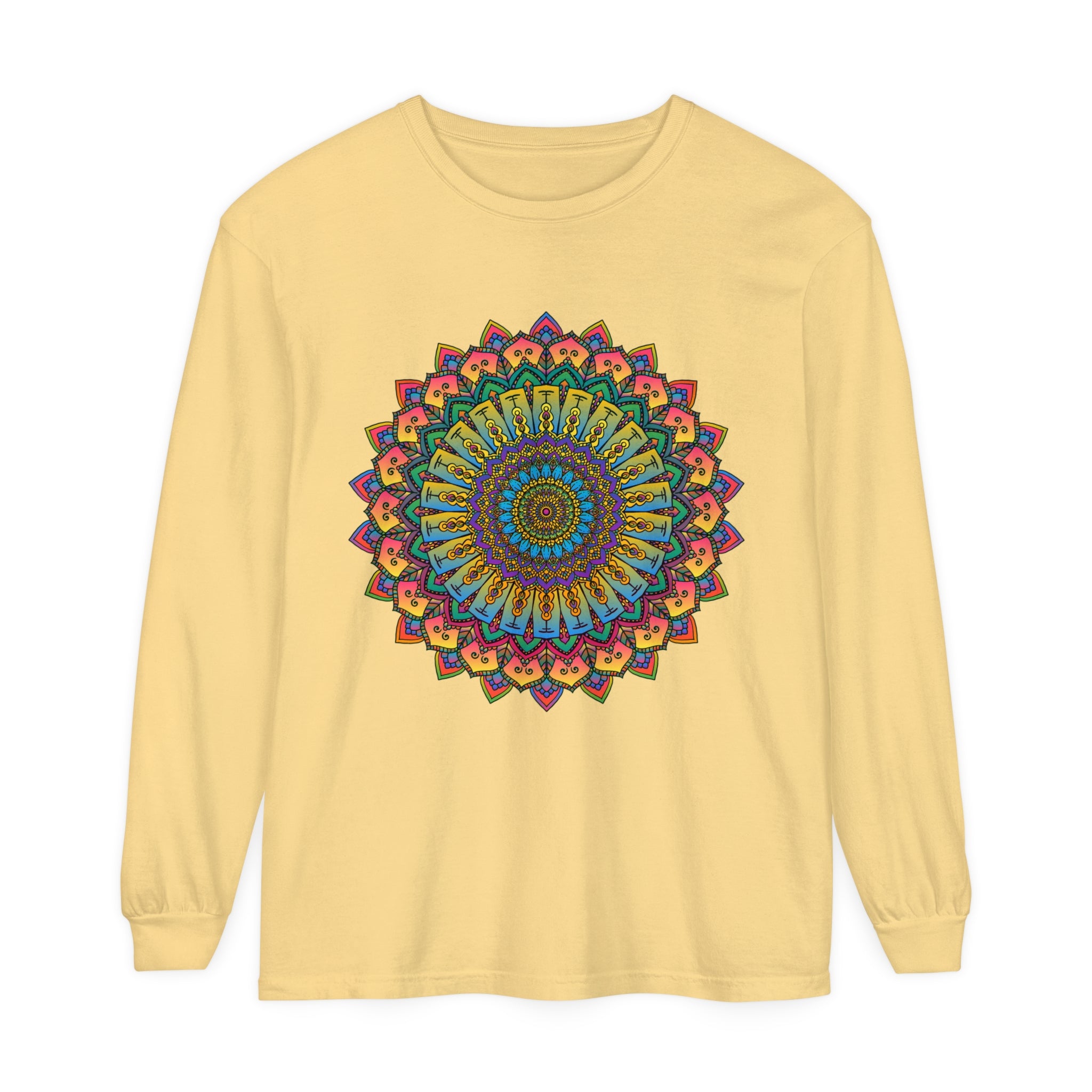 Intricate Mandala Unisex Long Sleeve T-Shirt with detailed geometric design in black and white