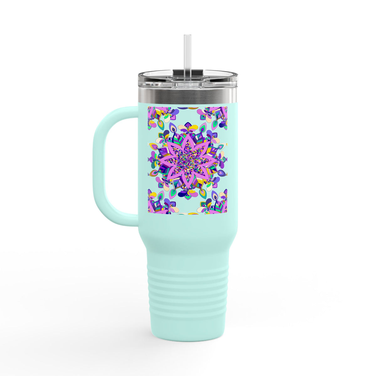 40oz Insulated Travel Mug — Purple Floral Mandala Design