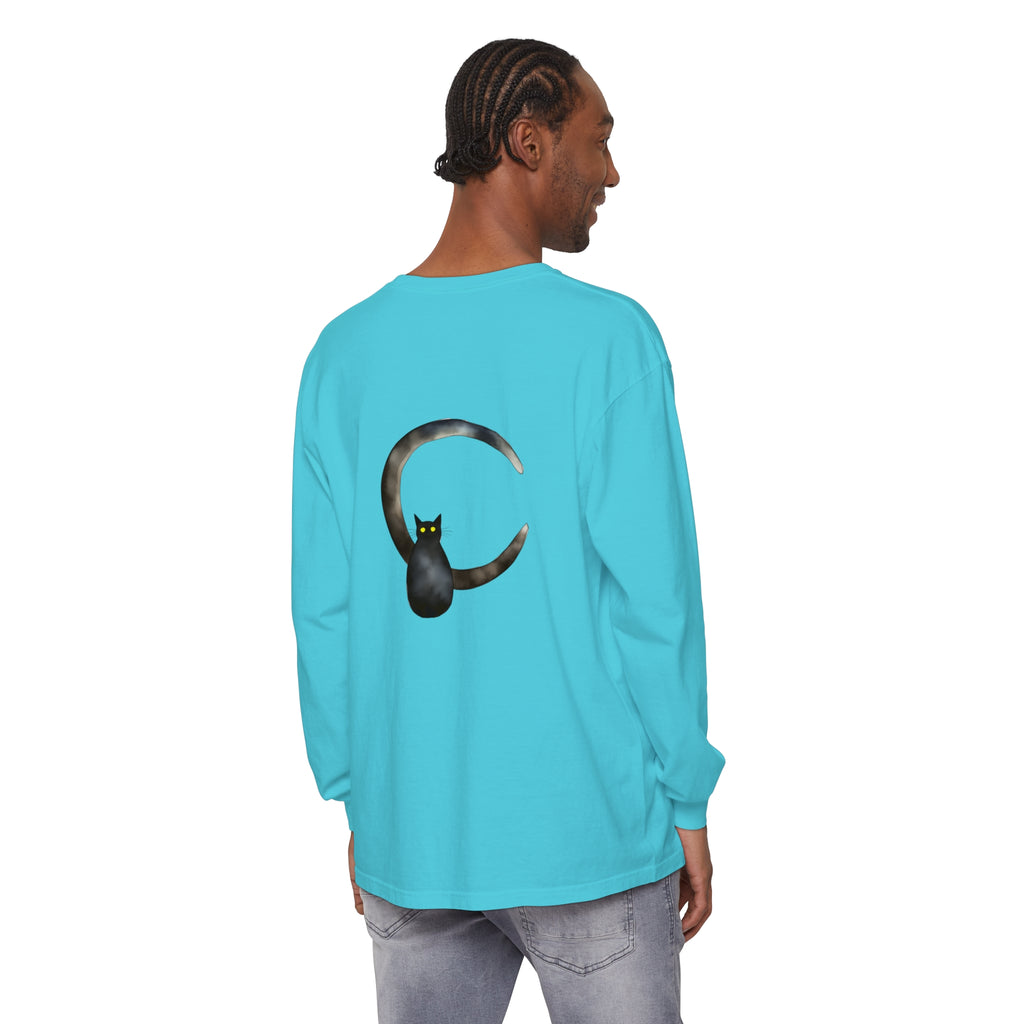 Black Cat Crescent Moon T-Shirt featuring a mystical feline silhouette against a night sky backdrop with a crescent moon and stars