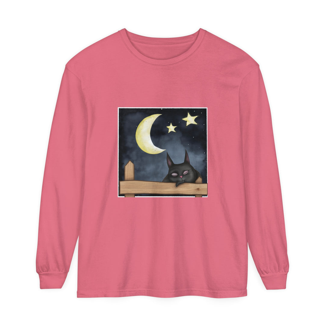 Comfortable black t-shirt featuring a sleepy cat gazing at the night sky design