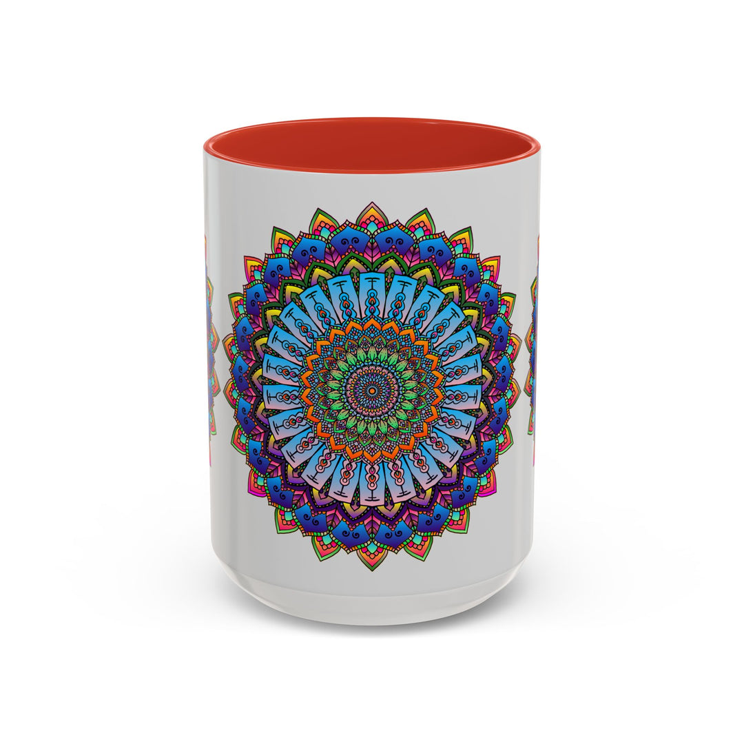 Vibrant Mandala Mug featuring colorful, intricate art on a grey background