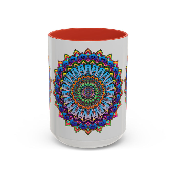 Vibrant Mandala Mug featuring colorful, intricate art on a grey background