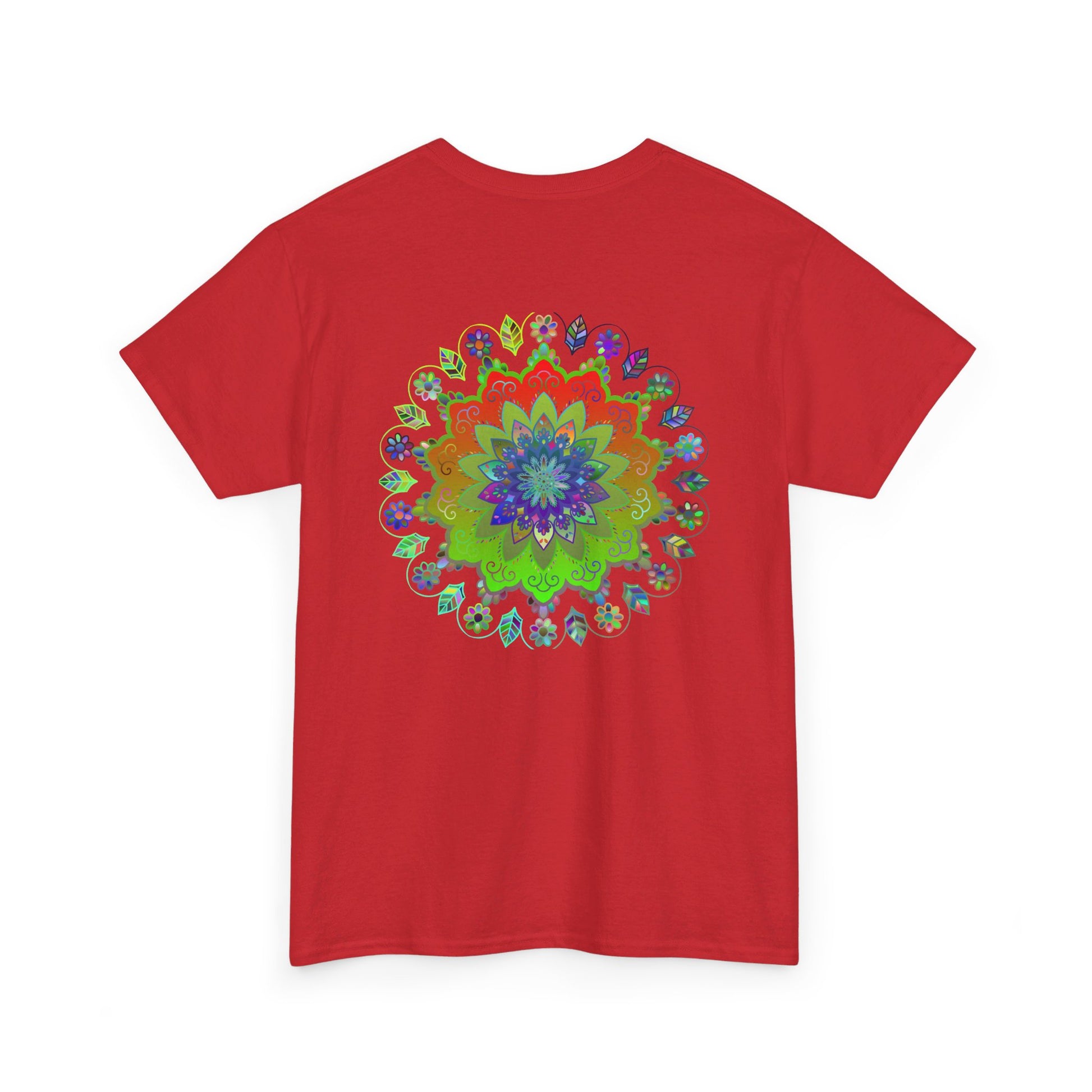 Detailed close-up of the colorful mandala art print on a 100% cotton unisex tee