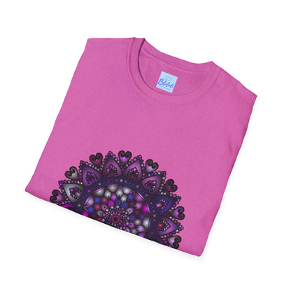 A comfortable unisex softstyle t-shirt featuring a hand-drawn purple mandala art design