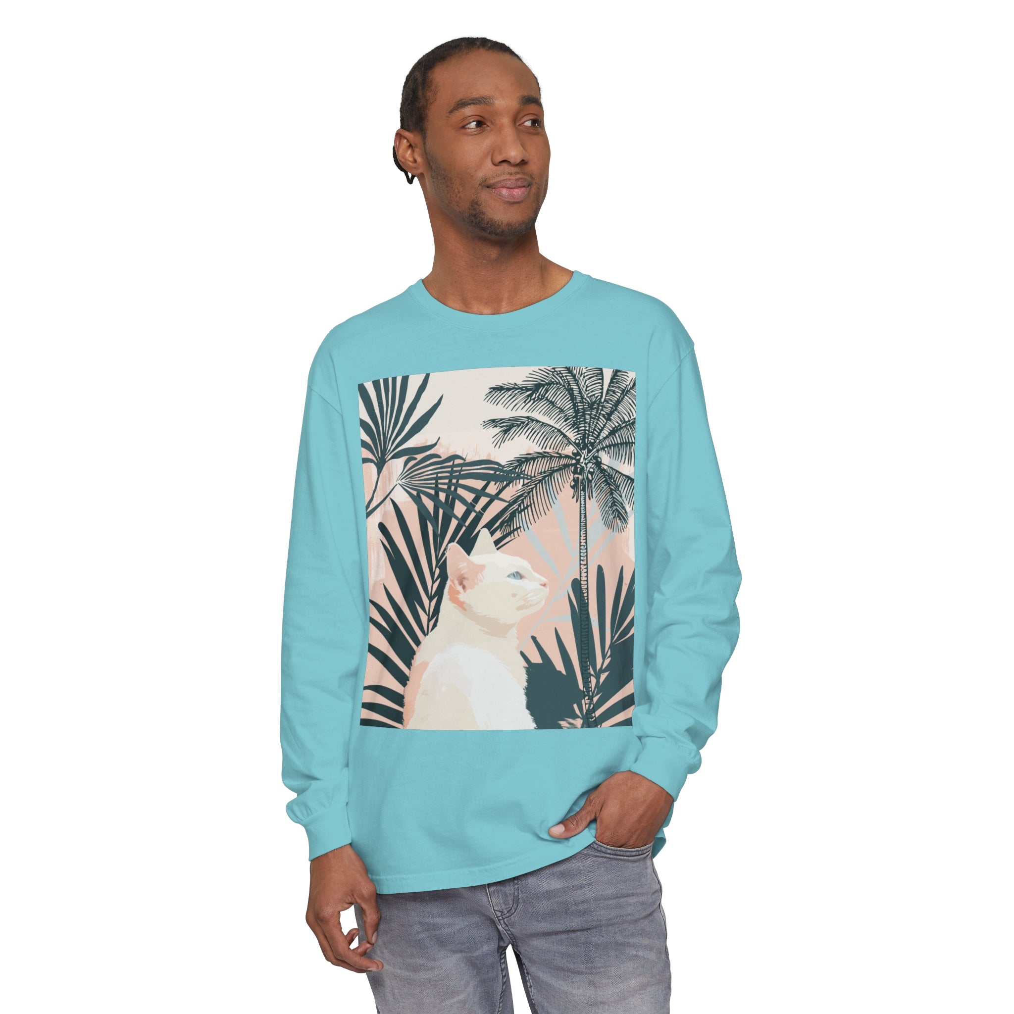 White Cat Tropical Mandala Long Sleeve T-Shirt with colorful and intricate design