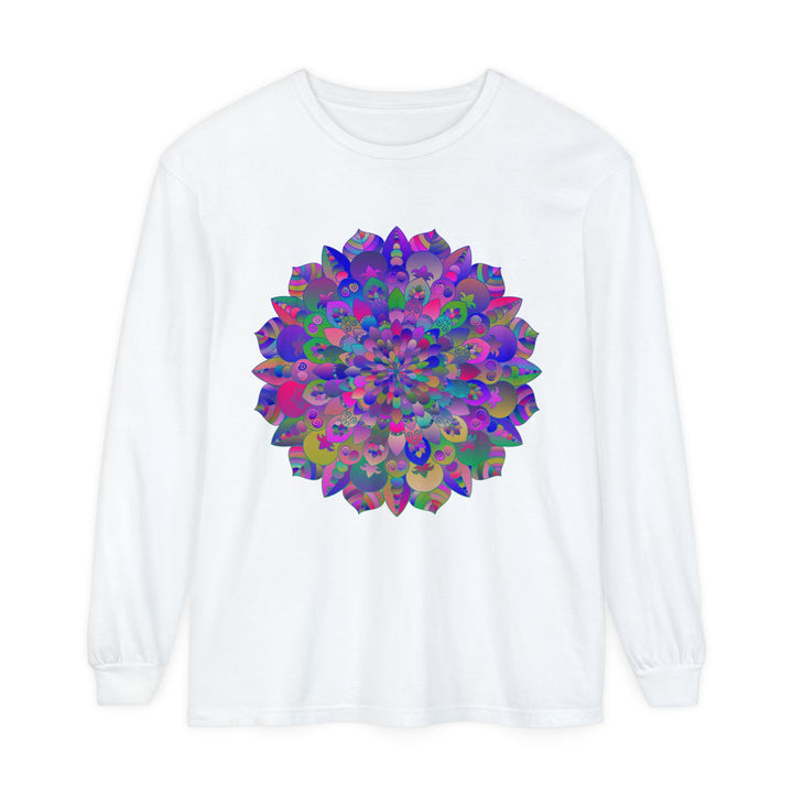 Colorful and intricately designed long sleeve t-shirt featuring a vibrant mandala print