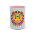 A brightly colored ceramic mug featuring a vibrant floral mandala design