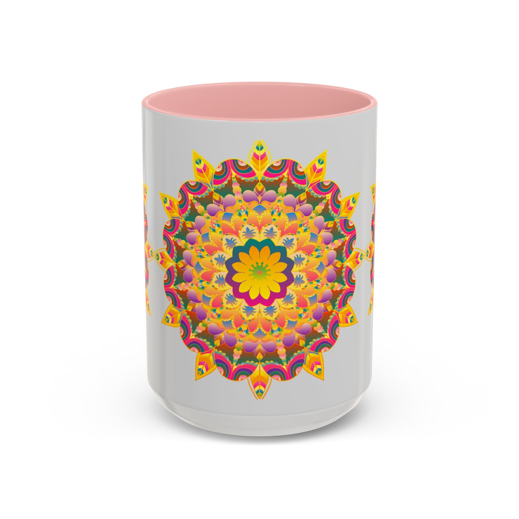 A brightly colored ceramic mug featuring a vibrant floral mandala design