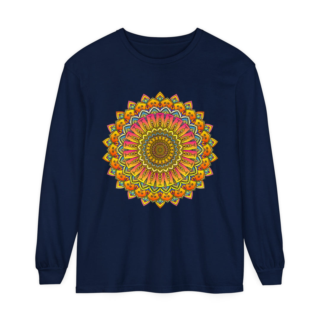 Colorful and intricate mandala design on a long sleeve unisex t-shirt