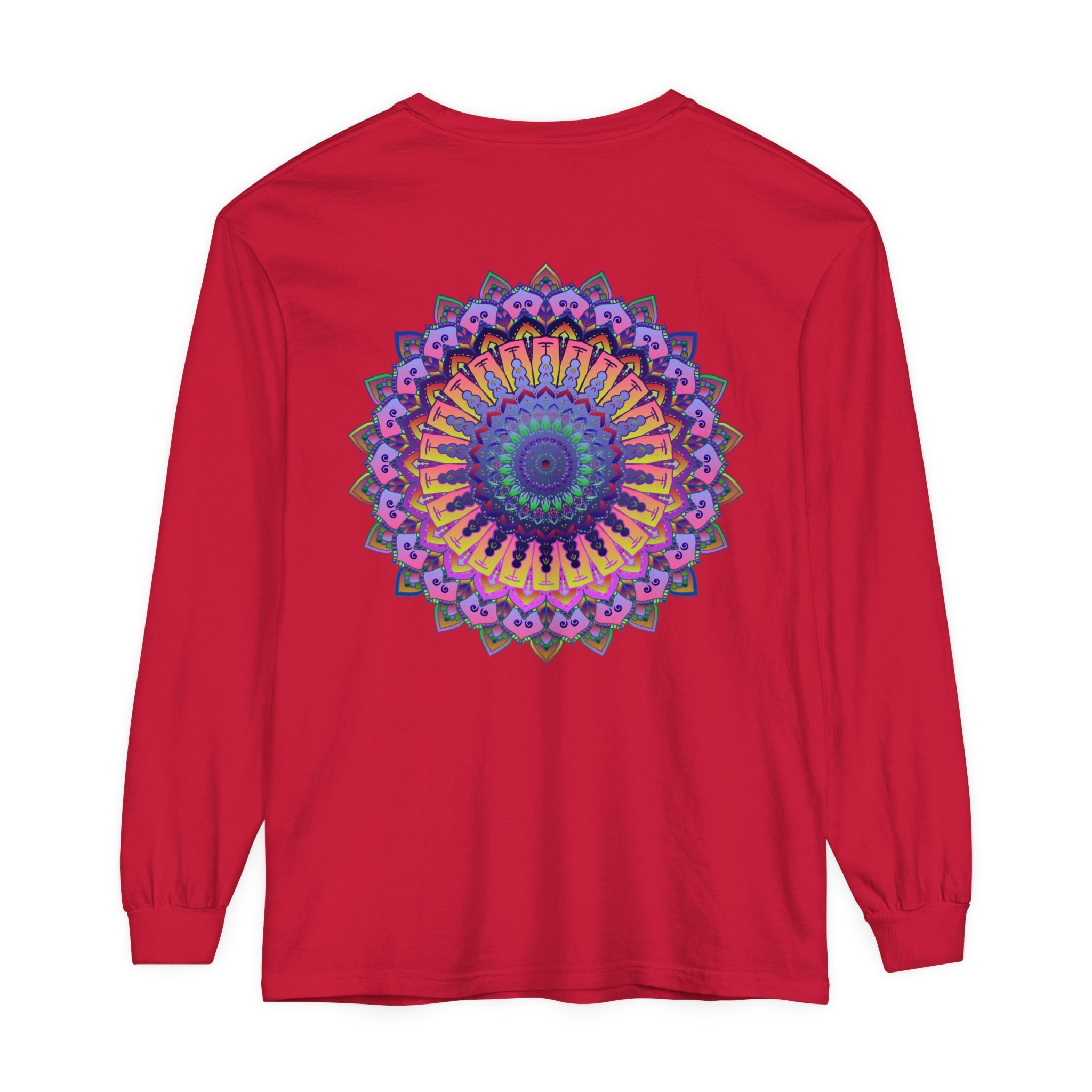 A detailed, colorful mandala design on a unisex long sleeve t-shirt