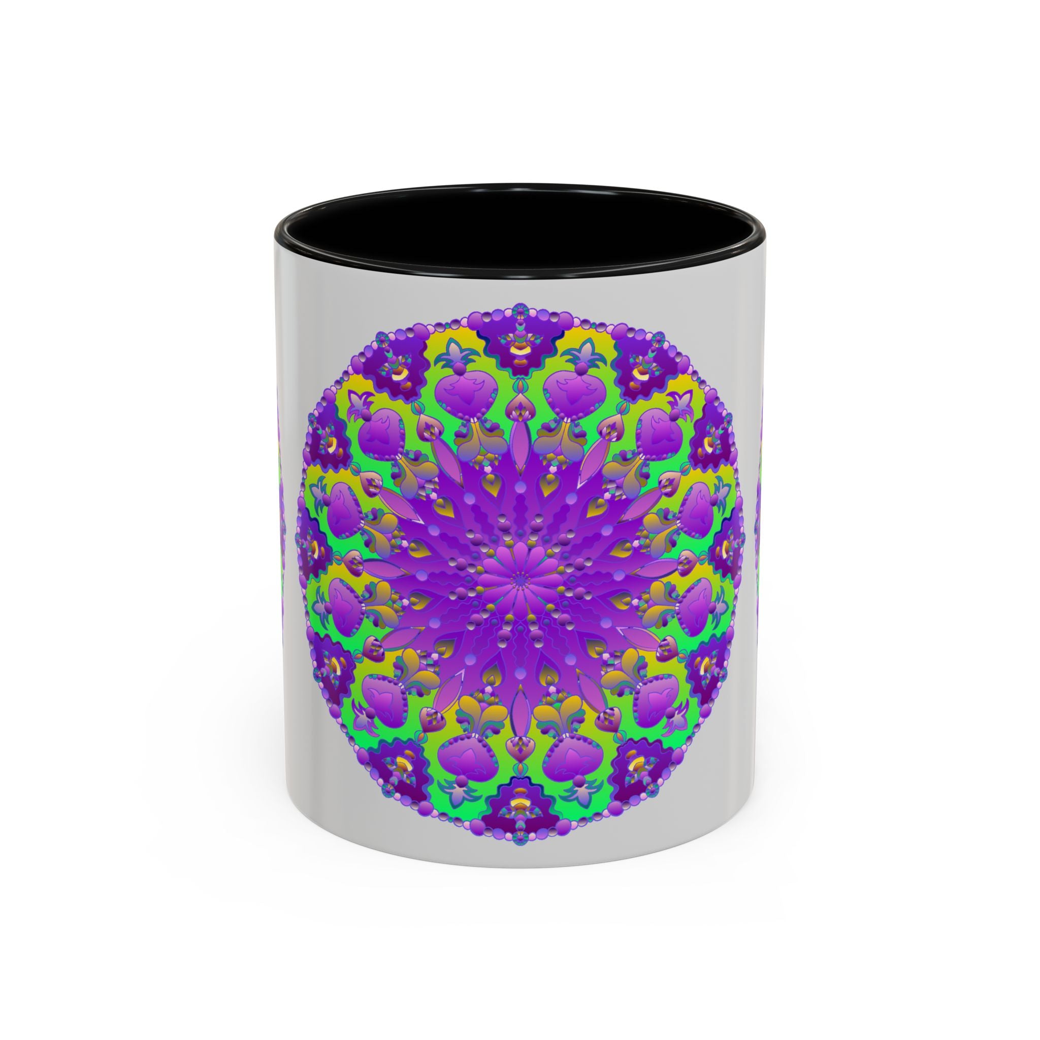 Beautiful purple mandala design on a grey mug, perfect for enjoying your favorite hot beverage in style