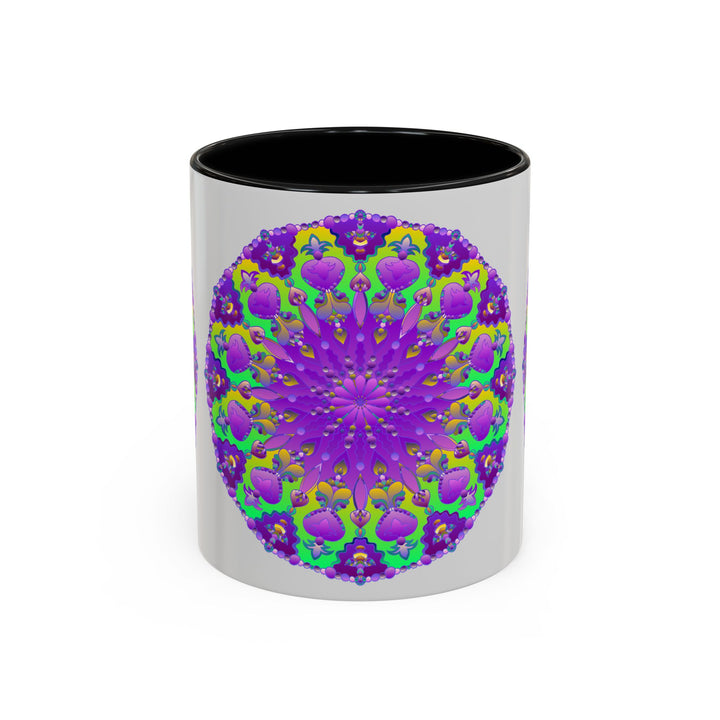 Beautiful purple mandala design on a grey mug, perfect for enjoying your favorite hot beverage in style