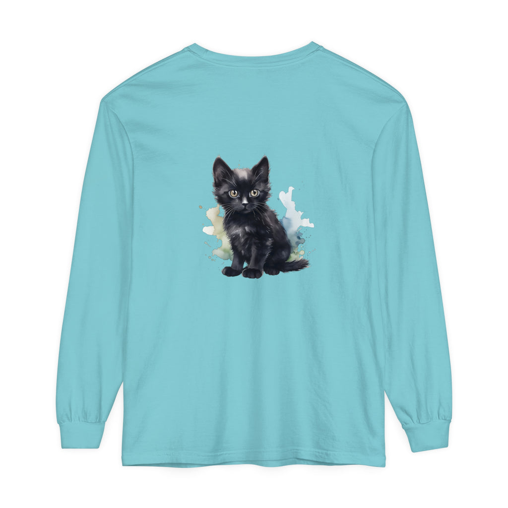 Black Kitten Watercolor Long Sleeve T-Shirt featuring a cute kitten in a watercolor design on a black long sleeve shirt