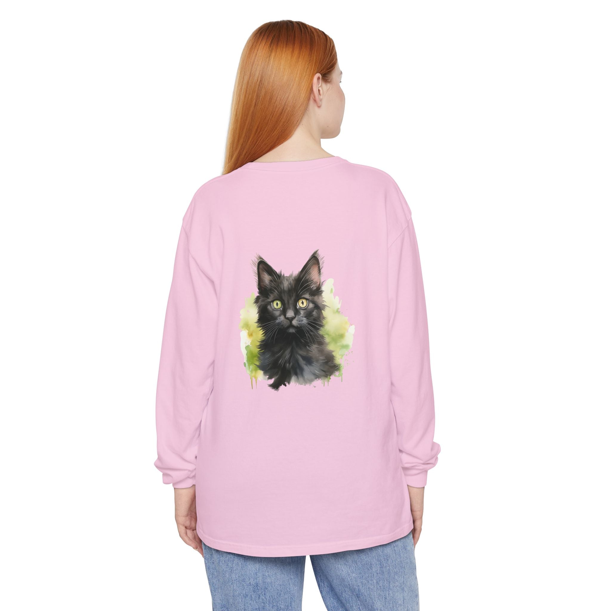 Maglietta a maniche lunghe con motivo acquerello gattino nero