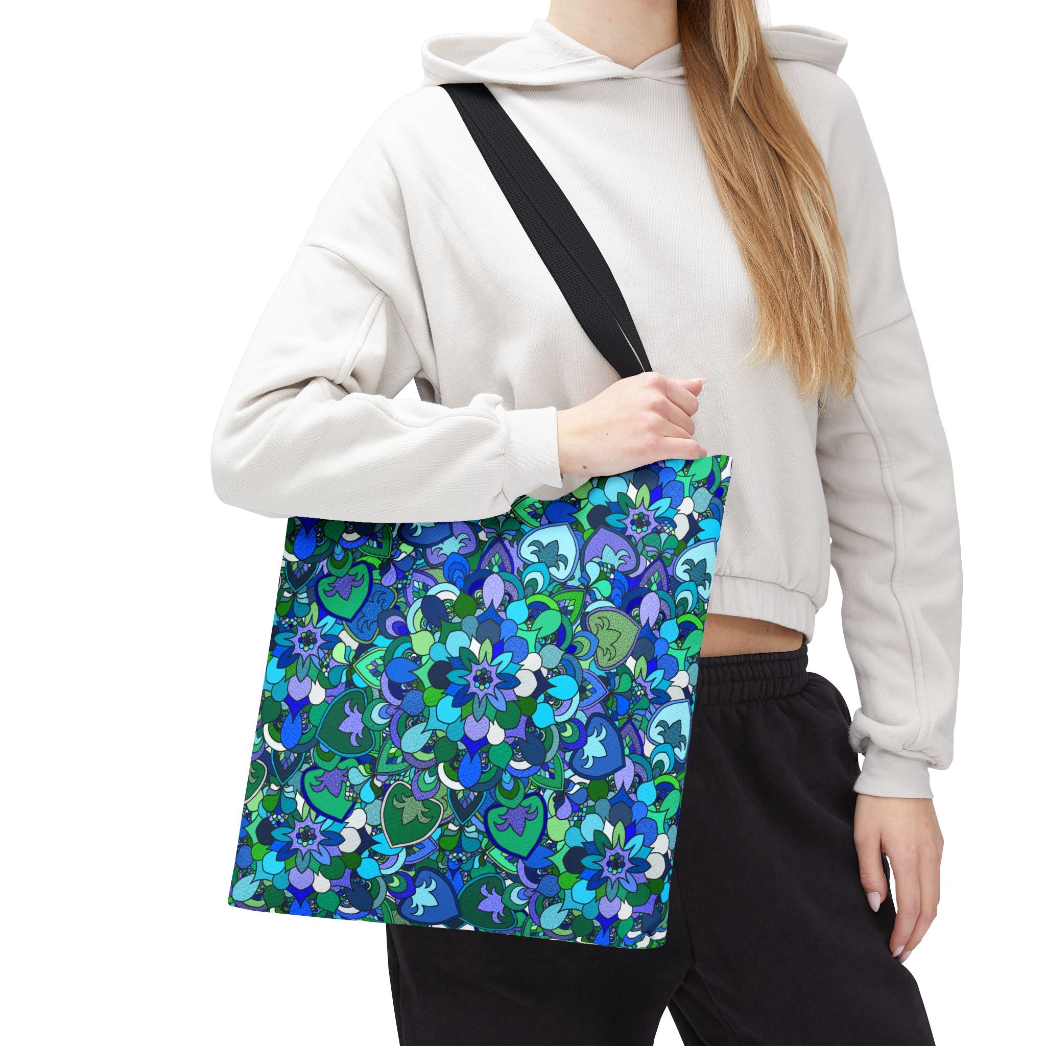 Blue Green Floral Mandala Tote Bag — Vibrant All-Over-Print Shopper
