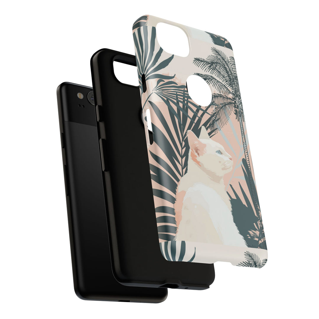 Tropische Katzen-Telefonhülle mit üppigen Palmenmotiven und sanften Pastelltönen