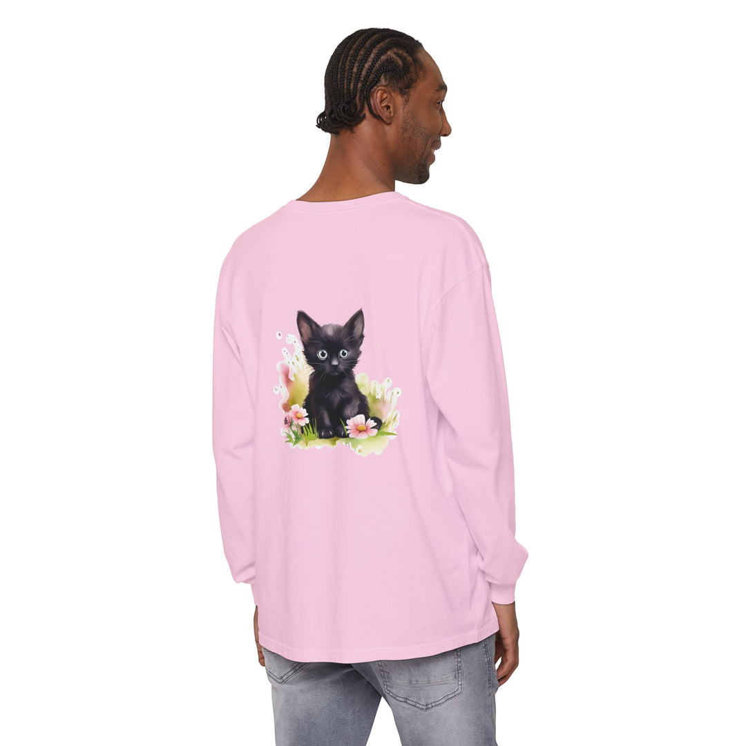 Black Kitten & Pink Flowers Long Sleeve T-Shirt