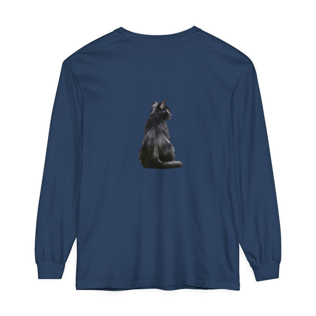 Black Cat Mystique Long Sleeve T-Shirt featuring a sleek, black cat design