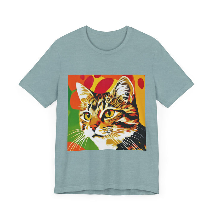 Colorful tabby cat pop art graphic short sleeve tee for cat lovers