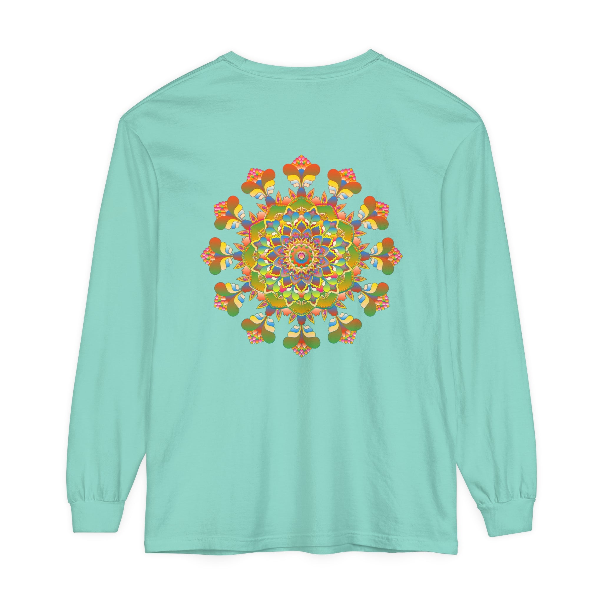 Vibrant Mandala Long Sleeve T-Shirt featuring colorful and intricate artistic design