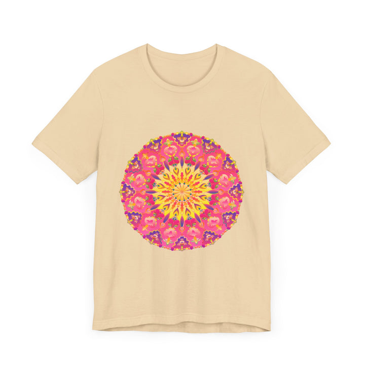 Vibrant Mandala T-Shirt - A colorful and symmetrical design featuring a variety of bright, eye-catching hues in a circular pattern on a comfortable and stylish t-shirt