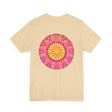 Beautiful pink and yellow mandala design t-shirt promoting peace and harmony