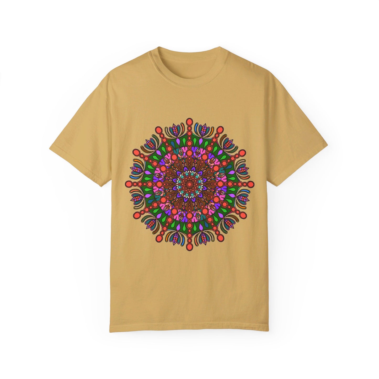 Unisex Mandala T-Shirt made of 100% Ring-Spun Cotton, featuring Hand-Drawn Mandala Art and Garment-Dyed for Extra Comfort