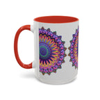 Beautiful mandala design in vibrant colors on a grey ceramic mug