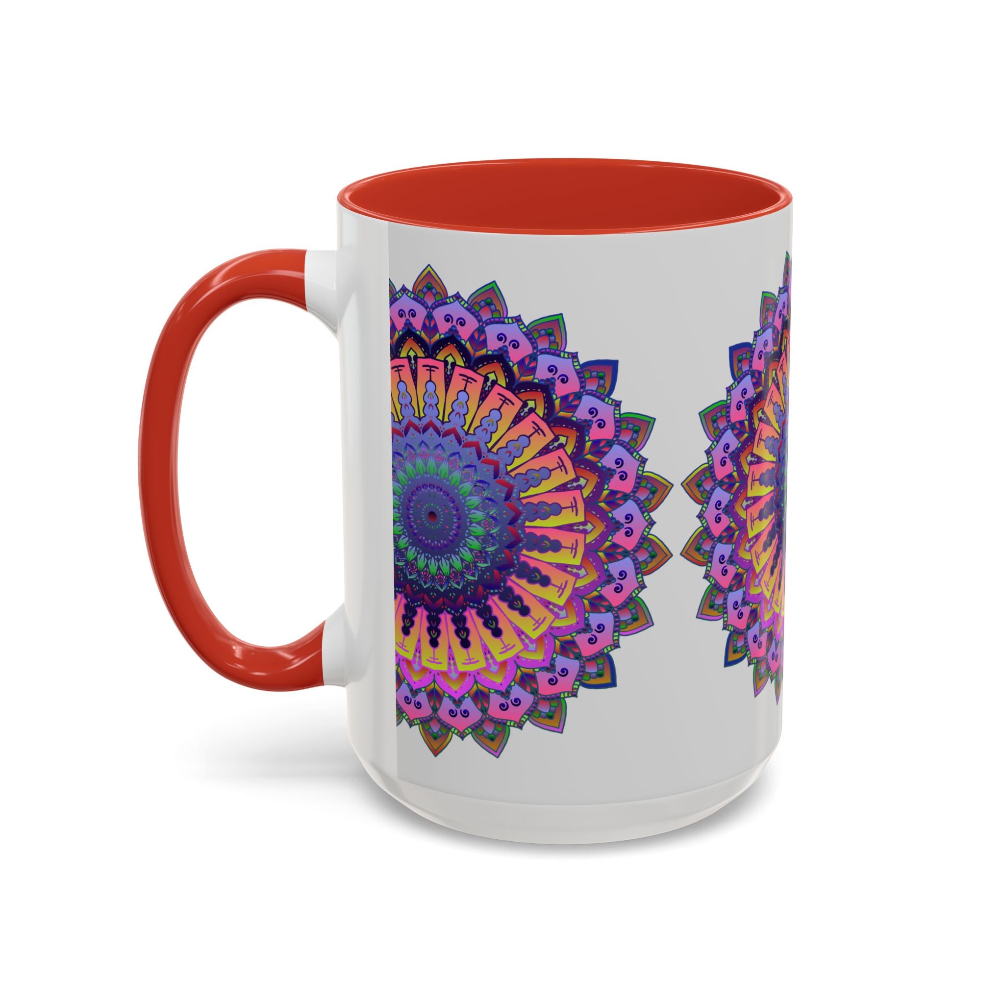 Beautiful mandala design in vibrant colors on a grey ceramic mug