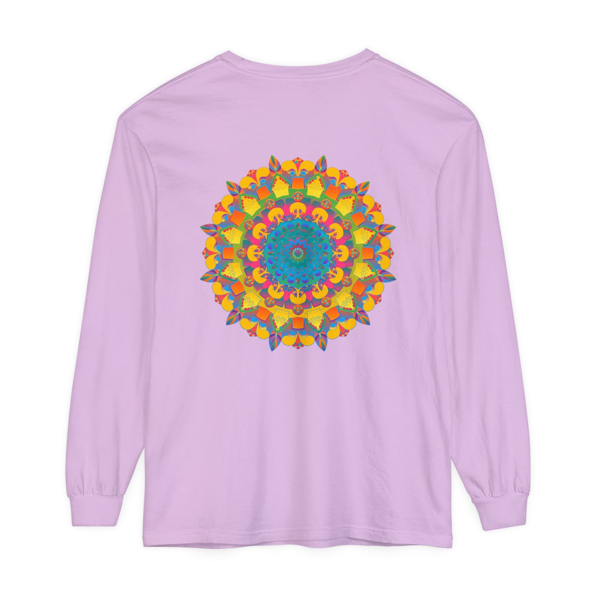 Colorful and intricate mandala design on black unisex long sleeve t-shirt
