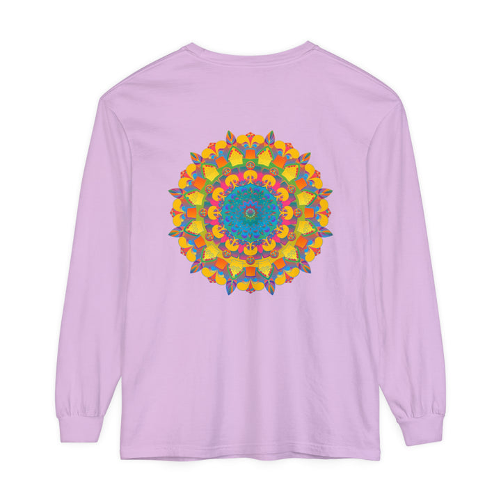 Colorful and intricate mandala design on black unisex long sleeve t-shirt