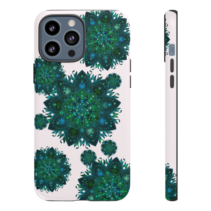 Beautiful light pink and green mandala phone case with a peaceful and intricate design