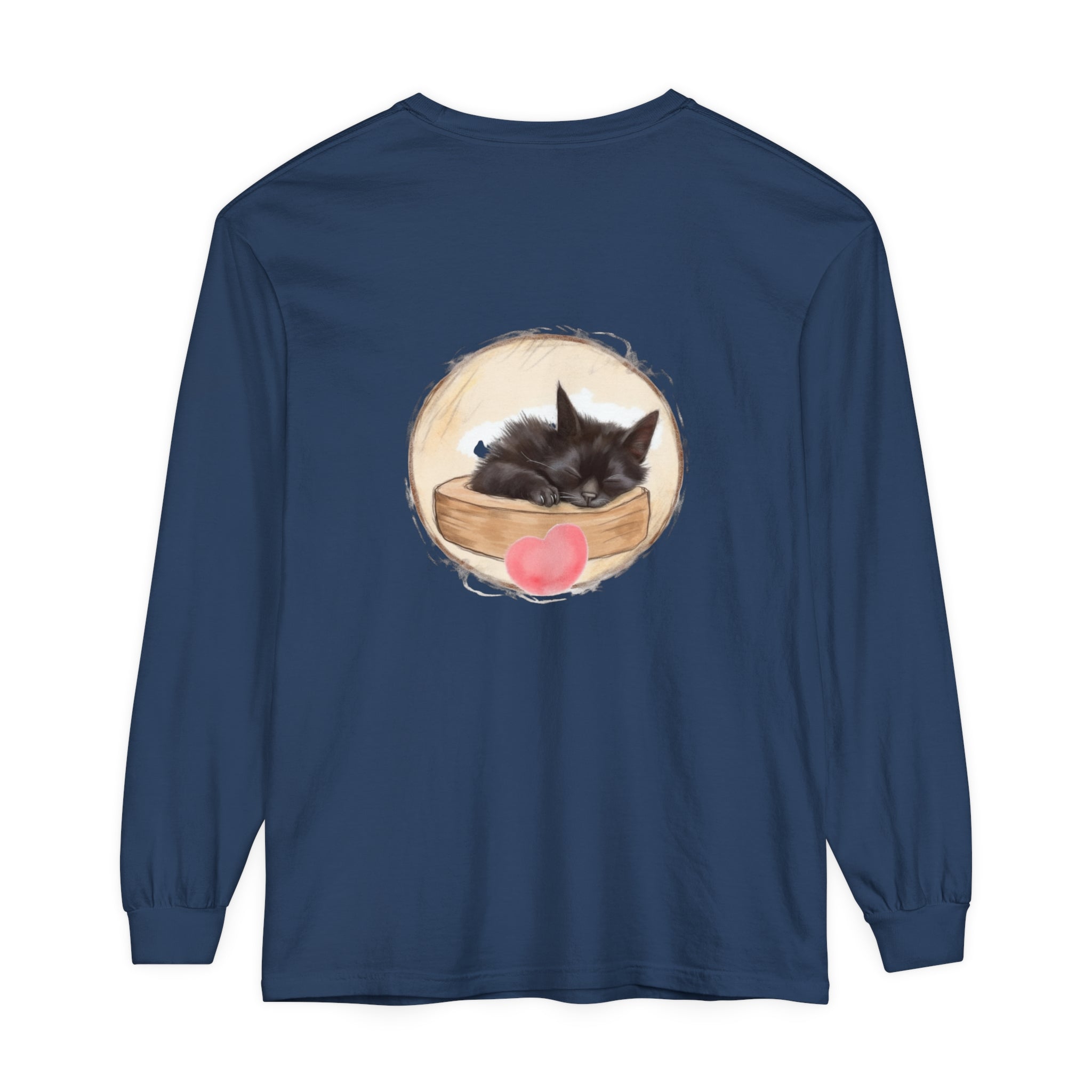 Adorable sleeping kitten graphic on a cozy bedtime unisex t-shirt