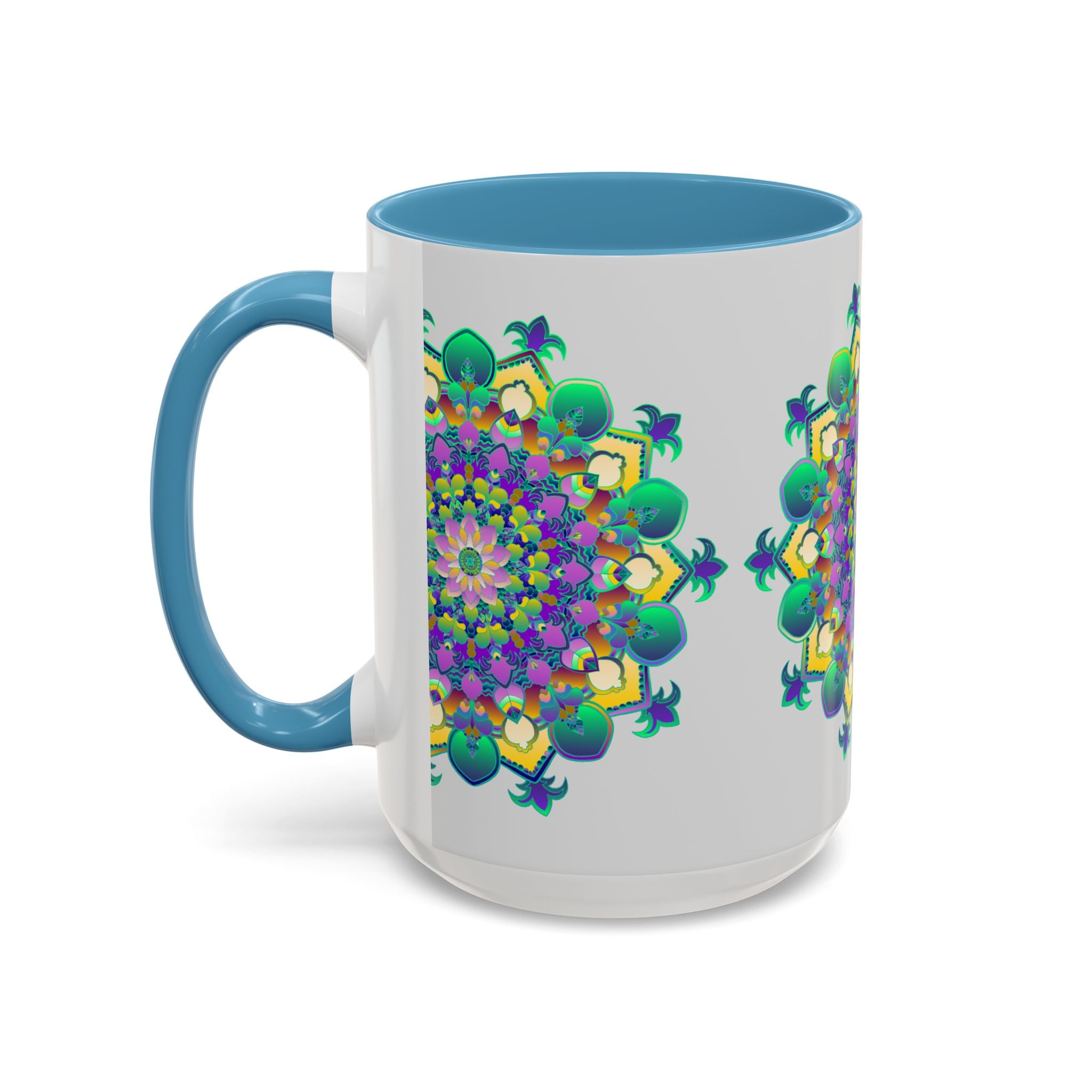 Vibrant Mandala Art Mug in Light Grey with intricate and colorful design