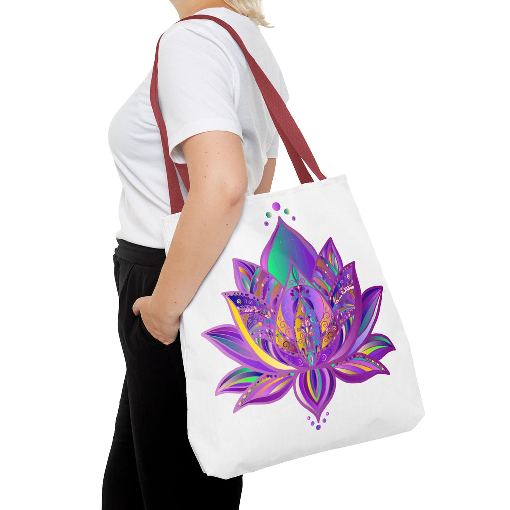 Colorful Mandala Lotus Tote Bag with intricate floral design and vibrant hues