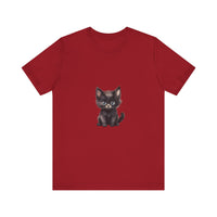 A fluffy white and grey kitten with striking blue eyes wearing a t-shirt with a cute design