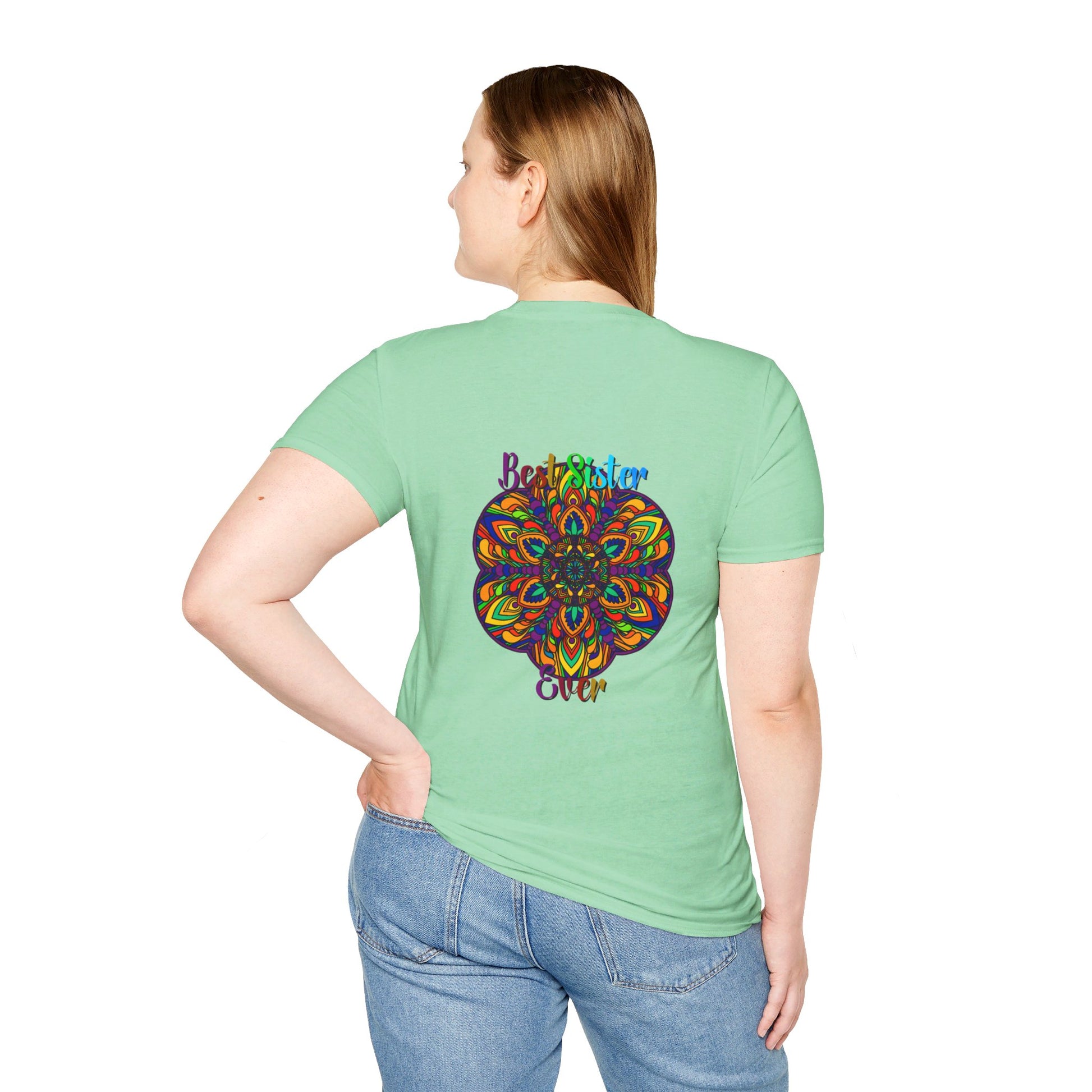 Colorful and intricate mandala art gift for sister unisex softstyle t-shirt with hand-drawn design on comfortable fabric