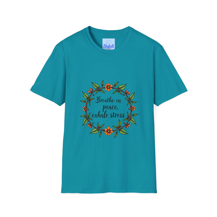 Beautiful floral garland t-shirt with the calming message 'Breathe in Peace Exhale Stress' on a white background