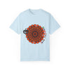 A close-up of a unisex Halloween Mandala T-shirt featuring handmade pumpkin mandala art on a garment-dyed tee