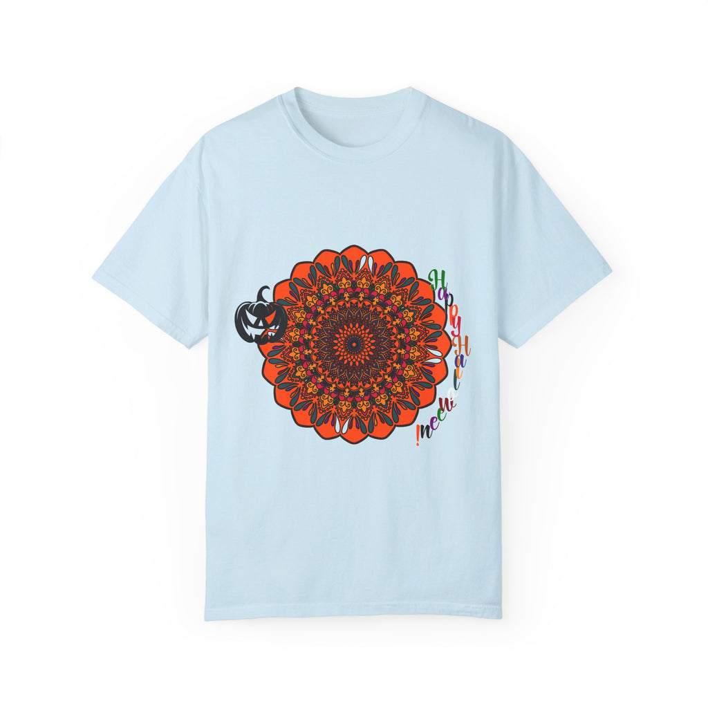 A close-up of a unisex Halloween Mandala T-shirt featuring handmade pumpkin mandala art on a garment-dyed tee