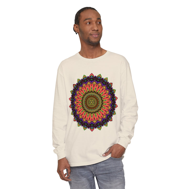 Intricate mandala long sleeve t-shirt featuring a colorful and detailed design