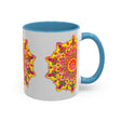 A beautiful ceramic mug featuring a colorful and intricate mandala design