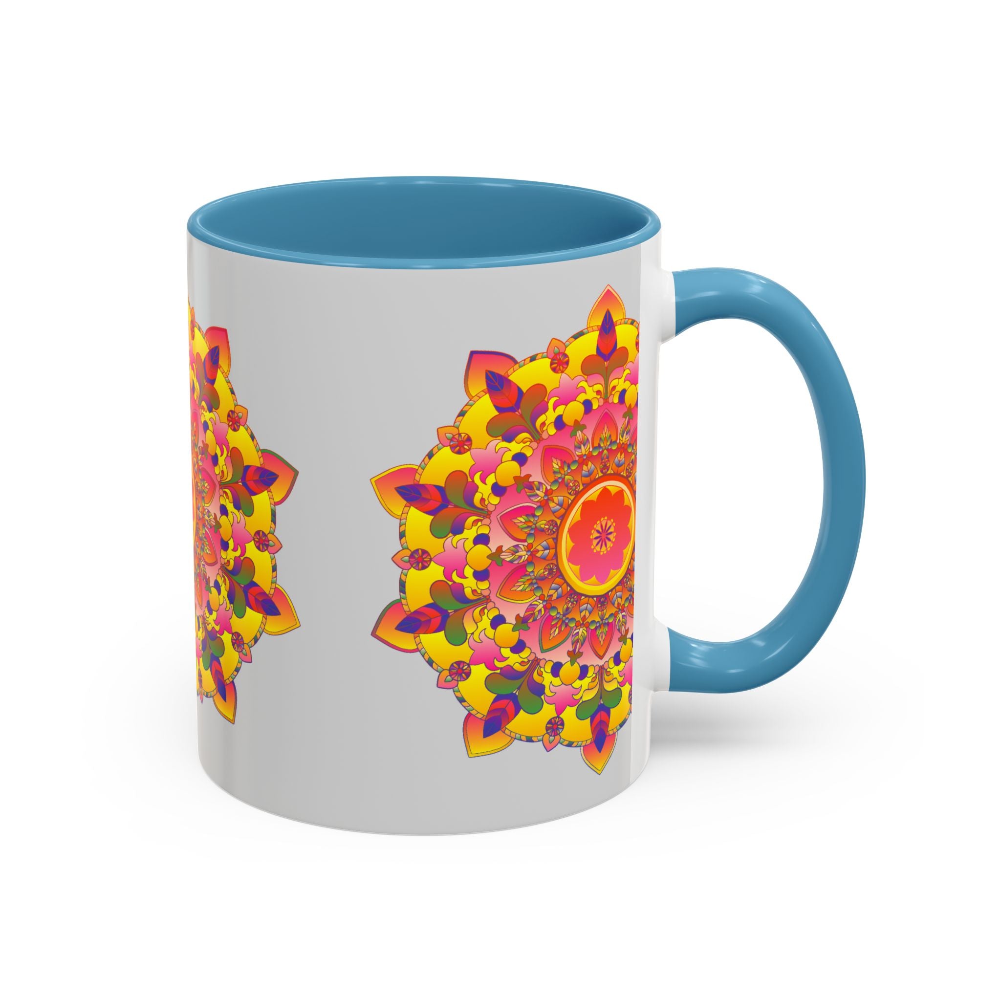 A beautiful ceramic mug featuring a colorful and intricate mandala design