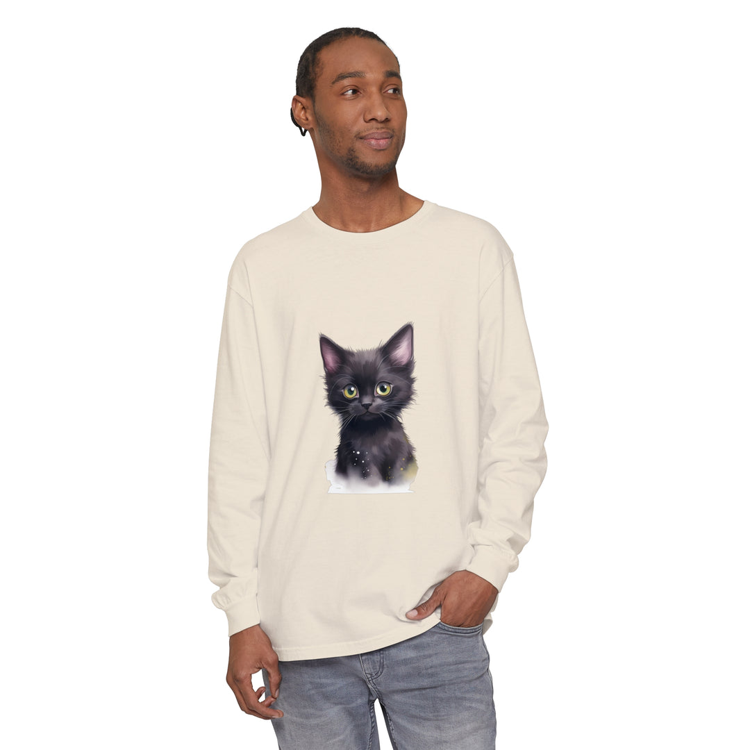 Cute black kitten with vibrant green eyes printed on a soft, comfortable t-shirt